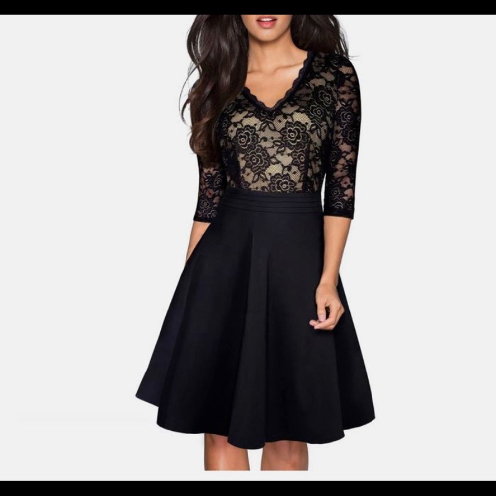 Black Fancy Knee Length Dress with Lace Bodice